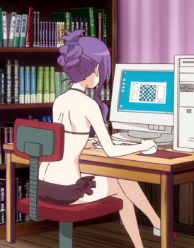 10s 1girl alternate_hairstyle animated animated_gif ass bikini book bookshelf butt_crack chair computer computer_mouse computer_tower crossed_legs female_focus gj-bu monitor purple_hair shoes solo sumeragi_shion swimsuit