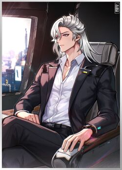 1boy absurdres belt black_jacket black_pants cyberpunk_(series) cyberpunk_2077 genshin_impact grey_hair hair_ornament highres jacket long_hair long_sleeves male_focus moonimu_art neuvillette_(genshin_impact) pants purple_eyes shirt solo watch white_hair white_shirt wristwatch