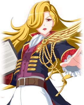 Rule 34 | 1girl, ascot, badge, belt, blonde hair, blue coat, brown belt, buttons, clipboard, closed mouth, coat, cowboy shot, frilled sleeves, frills, game cg, hair over one eye, highres, holding, holding clipboard, idol wars, iyoko (idol wars), layered sleeves, long sleeves, looking at viewer, official art, one eye covered, open clothes, open coat, outstretched arm, pants, purple shirt, red eyes, red lips, rope, second-party source, shirt, simple background, solo, sparkle, transparent background, white ascot, white pants, wing ornament