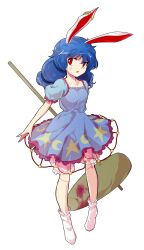 1girl alphes_(style) animal_ears blood bloody_weapon bloomers blue_hair breasts collarbone commentary_request dairi dress earclip full_body holding kine large_variant_set long_hair mallet parody puffy_short_sleeves puffy_sleeves rabbit_ears seiran_(touhou) short_dress short_sleeves socks solo standing style_parody tachi-e touhou transparent_background underwear variant_set weapon