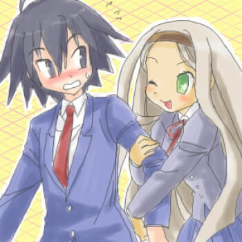 almaz_von_almadine_adamant blush disgaea lowres makai_senki_disgaea_3 sapphire_rhodonite school_uniform wink