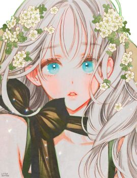 1girl aqua_eyes blue_eyes bow choker commentary_request flower grey_hair hair_flower hair_ornament long_hair looking_at_viewer original parted_lips portrait ribbon sensitive simple_background solo sottan_(wowo0owow) upper_body white_background white_flower white_hair