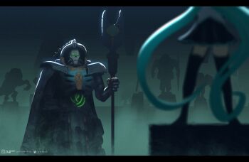 1boy 1girl black_skirt black_thighhighs blue_hair closed_mouth commentary crossover english_commentary hatsune_miku highres holding holding_staff long_hair miniskirt necron parody robot skirt staff standing thefearmaster thighhighs trazyn_the_infinite twintails very_long_hair vocaloid warhammer_40k