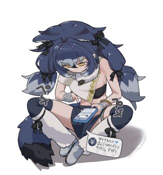 1girl animal_ears bandages bare_shoulders blue_hair boots bra bracelet cellphone cloak dire_wolf_(kemono_friends) extra_ears full_body grey_eyes highres jewelry kemono_friends kemono_friends_v_project kunikuni_(kunihiro2005) long_hair phone ribbon scarf simple_background skirt smartphone solo tail twintails underwear virtual_youtuber wolf_ears wolf_girl wolf_tail