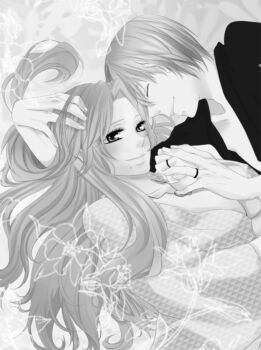 1boy 1girl bleach breasts cleavage closed_eyes commentary_request cover cover_page greyscale hachiya_nanao hand_in_another's_hair hetero ichimaru_gin jewelry large_breasts long_hair matsumoto_rangiku mole mole_under_mouth monochrome ring robe smile thick_lips wavy_hair