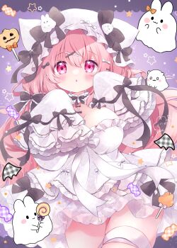 1girl :o absurdres black_bow black_bowtie blush bow bowtie breasts candy chiika_(cure_cherish) cleavage commentary_request cowboy_shot dated dress food hair_between_eyes hair_bow hair_ornament hairpin hands_up hat highres large_breasts long_hair looking_at_viewer multiple_hairpins open_mouth original pink_eyes pink_hair signature sleeves_past_fingers sleeves_past_wrists solo very_long_hair white_bow white_dress white_hat