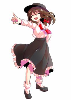 1girl alphes_(style) black_hat black_shoes black_skirt bobby_socks bow breasts brown_hair closed_eyes collar collared_shirt dairi frilled_skirt frills full_body hair_between_eyes hair_bow hand_on_own_hip happy hat legs_apart long_hair long_sleeves looking_to_the_side medium_breasts medium_hair necktie open_mouth parody pointing puffy_long_sleeves puffy_sleeves red_bow red_necktie shirt shoes simple_background skirt smile socks solo standing style_parody tachi-e touhou usami_renko variant_set white_background white_collar white_shirt white_socks
