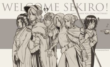 1other 6+girls ? anastacia_of_astora ascot bag bandages blindfold_mask bloodborne bonnet choker cloak closed_mouth commentary company_connection covered_eyes dark_souls_(series) dark_souls_i dark_souls_ii dark_souls_iii demon&#039;s_souls dress emerald_herald emma_the_gentle_blade english_commentary english_text eye_mask facing_another feet_out_of_frame fire_keeper flower flying_sweatdrops fromsoftware greyscale hair_bun hair_over_one_eye hand_up hands_on_another&#039;s_shoulders haori hat holding holding_staff hood hood_up japanese_clothes jewelry kimono long_hair long_sleeves looking_at_viewer maiden_in_black mask monochrome multiple_girls no_eyes open_mouth parted_hair pendant plain_doll pointing robe rose satchel sekiro:_shadows_die_twice short_hair single_hair_bun sleeves_past_wrists smile staff sweatdrop swept_bangs twitter_username two-tone_background updo v_arms vambraces yamanata