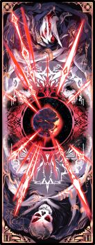 2boys body_markings card_(medium) commentary_request extra_eyes fantasy highres meteor multiple_boys original red_eyes skeleton space sumi_keiichi tagme tarot tarot_(medium) white_hair