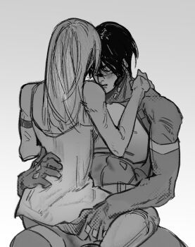 2girls aftergo1ds android ariane_yeong blush closed_eyes commentary elster_(signalis) english_commentary grey_background greyscale hand_on_another's_back hand_on_another's_shoulder highres long_hair monochrome multiple_girls signalis simple_background sitting sitting_on_lap sitting_on_person skin_seams yuri