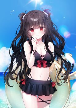 Rule 34 | 1girl, absurdres, beach, bikini, bikini skirt, black bikini, black hair, blue sky, bow, bow bikini, breasts, cleavage, closed mouth, commentary request, cowboy shot, dabi (15dldl15), day, hand up, highres, innertube, korean commentary, kurogami sasha, large breasts, lens flare, long hair, looking at viewer, outdoors, red bow, red eyes, ribbon, sky, smile, solo, standing, swim ring, swimsuit, two side up, v-llage, virtual youtuber, wavy hair, wrist ribbon