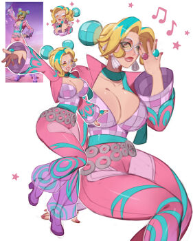 1girl blonde_hair blue_eyes breasts commentary disco_ball earrings english_commentary fantastic_four highres jewelry kyopink large_breasts long_hair looking_at_viewer marvel marvel_rivals multiple_rings ring simple_background smile solo sue_storm superhero_costume