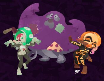 1boy 2girls 3drod! axe barefoot big_man_(splatoon) bite_mark black_background blood bodysuit chest_sarashi dark-skinned_female dark_skin ear_piercing facing_viewer fangs frye_(splatoon) ghost_costume green_hair hair_over_one_eye hairband halloween_costume hands_up highres inkling looking_at_viewer manta_ray multiple_girls nintendo octoling orange_hair outstretched_arms pantyhose patchwork_clothes piercing pointy_ears sarashi shiver_(splatoon) skeleton_costume smile splatoon_(series) splatoon_3 tentacle_hair tongue tongue_out torn_clothes torn_pantyhose zombie zombie_pose