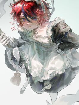 1boy absurdres alternate_costume anger_vein apron black_dress black_hair black_shoes blue_eyes broom chinese_commentary collarbone commentary_request crossdressing crossdressing_(mtf) dress enmaided frilled_apron frills from_above full_body gloves hair_between_eyes hand_on_own_hip highres holding holding_broom long_sleeves maid maid_headdress male_focus male_maid mary_janes multicolored_hair open_mouth pantyhose petticoat red_hair red_pupils shoes short_hair solo streaked_hair sumino_takumi sweat the_hundred_line_-last_defense_academy- trap tsurime two-tone_hair variant_set white_apron white_background white_gloves white_pantyhose yanrenxi20831