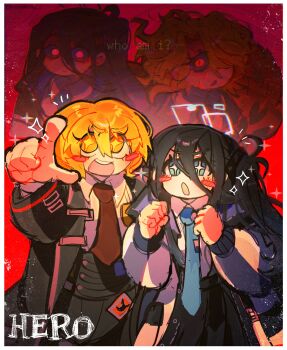 aris_(blue_archive) artist_name black_hair blonde_hair blue_archive blue_eyes blush constricted_pupils dark_persona don_quixote_(project_moon) emerald_kitty halo highres jacket kei_(blue_archive) limbus_company long_hair necktie project_moon red_eyes sancho_(project_moon) smile sparkle sparkling_eyes surprised trait_connection yellow_eyes