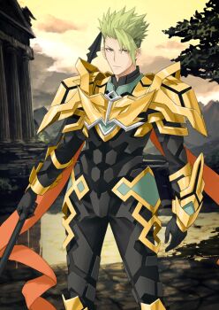 Rule 34 | 1boy, achilles (fate), achilles (third ascension) (fate), arm armor, armor, armored boots, black bodysuit, bodysuit, boots, bracer, closed mouth, cowboy shot, fate/grand order, fate (series), gold armor, green hair, high collar, holding, holding polearm, holding weapon, konoe ototsugu, legs apart, looking at viewer, male focus, official art, orange sash, pauldrons, polearm, short hair, shoulder armor, solo, spear, spiked hair, standing, third-party source, undercut, variant set, weapon, yellow eyes
