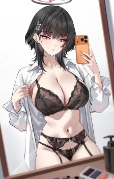 1girl absurdres alternate_costume alternate_hairstyle black_bra black_garter_belt black_hair black_panties blue_archive blush bra breasts bright_pupils cellphone cleavage collared_shirt ear_piercing garter_belt hair_ornament hairclip halo highres holding holding_phone large_breasts lingerie long_sleeves looking_at_phone medium_hair mirror navel open_clothes open_shirt paid_reward_available panties parted_lips phone piercing red_eyes rio_(blue_archive) shigure_s shirt smartphone stomach underwear white_pupils white_shirt