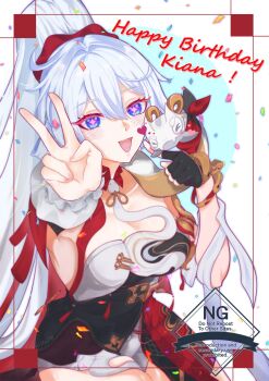 Rule 34 | 1girl, absurdres, blue eyes, breasts, cleavage, commentary request, confetti, cross-shaped pupils, dress, happy birthday, high ponytail, highres, honkai (series), honkai impact 3rd, khyhuiaw, kiana kaslana, kiana kaslana (ba-dum! fiery wishing star), large breasts, long hair, looking at viewer, multicolored dress, open mouth, ponytail, rice cake (honkai impact), smile, snake, symbol-shaped pupils, v, very long hair, white background, white hair