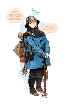 1girl armor backpack bag bedroll black_coif coat_of_arms commentary dagger english_commentary english_text ff69_(ff69x) gambeson gloves highres hosen_(clothing) kettle_helm kite_shield knife potion shield solo surcoat sword weapon white_background