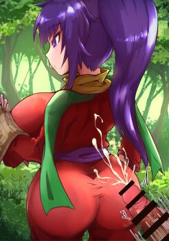 :o absurdres ajura_(kiiroi_kaiten_mokuba) arc_the_lad ass breasts censored collar cum ejaculation focused forest from_behind highres huge_ass japanese_clothes kukuru_(arc_the_lad) large_breasts long_hair male_masturbation map masturbation motion_lines nature outdoors penis ponytail purple_eyes purple_hair reading sash scarf standing