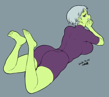 1girl ass barefoot bodystocking bodysuit breasts cheelai dated dragon_ball dragon_ball_super dragon_ball_super_broly feet full_body grin large_breasts looking_at_viewer short_hair signature simple_background smile solo tsukudani_(coke-buta)