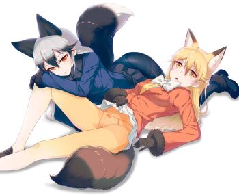 10s 2girls 40hara animal_ears black_gloves black_pantyhose blazer blonde_hair boots bow bow_panties bowtie breasts clothes_lift ezo_red_fox_(kemono_friends) fox_ears fox_tail fur_trim gloves hair_between_eyes interrupted jacket kemono_friends loafers looking_at_viewer lying medium_breasts multicolored_hair multiple_girls on_back on_side orange_eyes orange_pantyhose panties panties_under_pantyhose pantyhose parted_lips shoes silver_fox_(kemono_friends) silver_hair simple_background skirt skirt_lift tail thighband_pantyhose tsurime two-tone_hair underwear