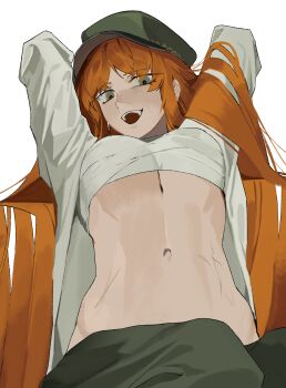 1girl absurdres breasts chest_sarashi cleavage commentary freckles green_eyes green_hat green_pants hat highres ishmael_(project_moon) large_breasts limbus_company long_hair navel open_mouth orange_hair pants peaked_cap pequod_(identity)_(project_moon) project_moon sarashi scar simple_background smile solo underboob very_long_hair white_background yongsadragon