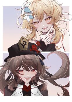 2girls :d bare_shoulders black_gloves black_hat black_nails black_shirt blonde_hair blush border bracer bright_pupils brown_hair commentary couple double-parted_bangs feather_hair_ornament feathers female_pov fingernails floating_hair flower flower-shaped_pupils genshin_impact gloves grabbing_another&#039;s_chin gradient_background hair_between_eyes hair_flower hair_ornament hand_on_another&#039;s_chin hand_on_another&#039;s_hand hands_on_another&#039;s_cheeks hands_on_another&#039;s_face hat hat_flower hat_tassel highres hu_tao_(genshin_impact) jewelry long_hair long_sleeves looking_at_viewer lumine_(genshin_impact) multiple_girls multiple_pov nail_polish open_mouth outside_border plum_blossoms porkpie_hat pov pov_hands purple_background red_eyes red_flower ring shirt short_hair_with_long_locks simple_background smile symbol-shaped_pupils thumb_ring twintails white_border white_feathers white_flower white_pupils yellow_eyes yunoji_(onigiri_yumi09) yuri