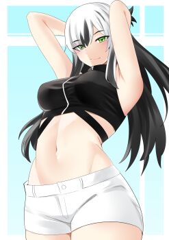 1girl absurdres armpits arms_behind_head arms_up bare_shoulders black_hair black_shirt breasts cropped_shirt fate/grand_order fate_(series) green_eyes hair_between_eyes highres kuroeart long_hair looking_at_viewer medium_breasts midriff multicolored_hair nagao_kagetora_(fate) navel shirt short_shorts shorts sidelocks sleeveless sleeveless_shirt smile solo two-tone_hair uesugi_kenshin_(second_ascension)_(fate) white_hair white_shorts