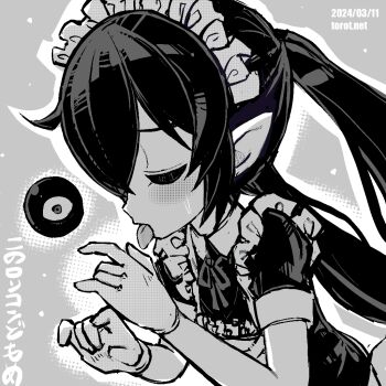 1girl alternate_costume apron backbeako_(torotei) backbeard blush closed_eyes commentary_request dated dated_commentary dress dutch_angle enmaided fellatio from_side gegege_no_kitarou gloves grey_background greyscale hair_over_one_eye hands_up kono_lolicon_domome loli long_hair maid maid_apron maid_headdress monochrome neck_ribbon open_mouth oral original paid_reward_available pointy_ears ribbon short_sleeves simple_background simulated_fellatio solo sweatdrop tongue tongue_out torotei translated twintails upper_body watermark web_address