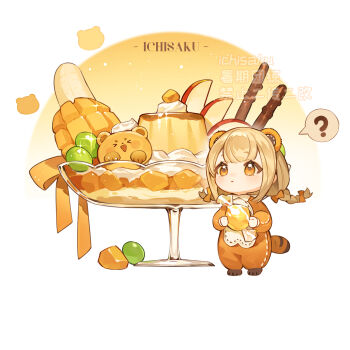 1girl ? animal_costume apple apple_slice artist_name blonde_hair blush bow braid candy chibi chibi_only chinese_commentary closed_mouth commentary_request food fruit full_body hair_bow highres holding holding_candy holding_food ichisaku long_hair orange_bow orange_eyes original pineapple pudding solo spoken_question_mark standing tanuki_costume twin_braids white_background wrapped_candy