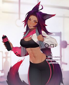 1girl abs ahoge animal_ears bindi black_pants blurry blurry_background borrowed_character breasts cleavage commentary commission cropped_hoodie depth_of_field edie_crop_hoodie english_commentary facial_mark forehead_mark fox_ears fox_tail gradient_hair gradient_tail gym hand_up head_tilt highres holding hood hoodie large_breasts lavelis long_sleeves looking_at_viewer multicolored_hair navel orange_eyes original pants parted_lips purple_hair signature smile smug solo sports_bra standing tail towel towel_around_neck