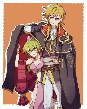 1boy 1girl :< ares_(fire_emblem) arm_up ascot bare_shoulders belt black_cloak black_jacket blonde_hair border bow bracelet breasts brown_belt cleavage cloak closed_mouth collared_cloak colored_shadow crop_top dancer feet_out_of_frame fire_emblem fire_emblem:_genealogy_of_the_holy_war gloves gold_bracelet gold_necklace gold_trim green_eyes green_hair hair_between_eyes hair_bow jacket jewelry lene_(fire_emblem) loincloth long_hair looking_at_another medium_breasts midriff necklace neeeeeeega_2025 nintendo open_mouth orange_background pants pink_loincloth pink_top ponytail puff_of_air red_scarf scarf shadow shirt sigh simple_background sleeveless sleeveless_shirt smile striped_clothes striped_scarf white_ascot white_belt white_border white_pants wolf_cut yellow_eyes