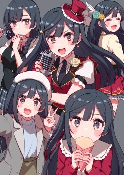 1girl absurdres birthday black_hair blush braid chase!_(love_live!) commentary cream_(nipakupa) dual_persona earrings eating glasses grey_background grey_eyes hat highres holding holding_microphone holding_removed_eyewear jewelry long_hair love_live! love_live!_nijigasaki_high_school_idol_club microphone multiple_views nakagawa_nana nijigasaki_school_uniform one_side_up school_uniform twin_braids unworn_eyewear upper_body v yuki_setsuna yuki_setsuna_(afterschool_school_idol) yuki_setsuna_(love_live!)