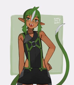 Rule 34 | 1girl, absurdres, black shirt, black skirt, clothing cutout, collarbone, commentary, cowboy shot, dark-skinned female, dark skin, dated, fangs, green eyes, green hair, hand on own hip, highres, hip vent, kart prowler, lizard tail, multicolored hair, noko (kart prowler), open mouth, original, pointy ears, reptile girl, shirt, short hair, sidelocks, signature, skirt, sleeveless, sleeveless shirt, smile, solo, streaked hair, tail, teeth, two-tone hair, upper teeth only, white hair