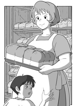 1boy 1girl absurdres apron bakery bread commentary_request dress earrings food futoshi_slim greyscale highres holding holding_tray jewelry majo_no_tabitabi monochrome osono_(majo_no_takkyuubin) pregnant shop short_hair tray