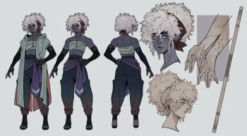 1girl afro bandaged_chest bandaged_hand bandages bandana bare_shoulders blue_skin boots cloak collarbone colored_skin commission curly_hair detached_sleeves elbow_gloves face_piercing facing_away fluffy_hair from_behind full_body gloves hands_on_own_hips headscarf highres jewelry multiple_views necklace nose_piercing nose_ring open-toe_boots pants pants_rolled_up piercing pointy_ears red_bandana reference_sheet sash scar scar_on_arm scar_on_hand simple_background smile stick toned toned_female turnaround two-sided_cloak two-sided_fabric variations white_hair wicksandwheat