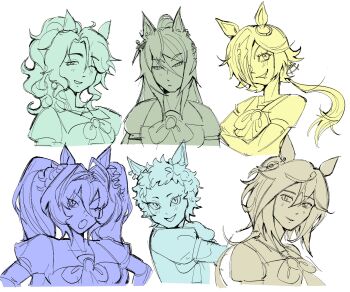 6+girls animal_ear_piercing animal_ears annoyed aqua_theme avuviebuvie blue_theme bow bowtie braid breasts brooch brown_theme closed_mouth commentary crossed_arms daiwa_scarlet_(umamusume) dot_nose ear_ornament english_commentary expressionless eyelashes fang flower_knot forehead frown green_theme hair_between_eyes hair_intakes hair_ornament hair_over_one_eye hair_scrunchie hands_on_own_hips happy highres horse_ears horse_girl horseshoe_ornament jewelry large_breasts long_hair long_hair_between_eyes loose_hair_strand low_ponytail medium_hair mejiro_palmer_(umamusume) mejiro_ryan_(umamusume) messy_hair multiple_girls multiple_monochrome one_eye_closed open_mouth ponytail puffy_short_sleeves puffy_sleeves sailor_collar school_uniform scrunchie short_sleeves sidelocks simple_background single_braid small_breasts smile stay_gold_(umamusume) stretching symboli_kris_s_(umamusume) tiara tracen_school_uniform twintails umamusume very_long_hair vodka_(umamusume) wavy_hair white_background yellow_theme