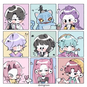 !? 3girls 5boys abby_(kpop_demon_hunters) anger_vein animal aqua_hair baby_(kpop_demon_hunters) bird black_hair blunt_bangs blush_stickers braid braided_ponytail candy chibi commentary_request derpy_(kpop_demon_hunters) double_bun food gat_(hat) hair_bun hair_over_eyes hat highres holding holding_candy holding_food holding_lollipop jewelry jinu_(kpop_demon_hunters) kpop_demon_hunters lollipop long_hair looking_at_another mio_green12 mira_(kpop_demon_hunters) multiple_boys multiple_girls mystery_(kpop_demon_hunters) necklace notice_lines one_eye_closed pink_hair purple_hair romance_(kpop_demon_hunters) rumi_(kpop_demon_hunters) sparkle sussie_(kpop_demon_hunters) tiger twintails yellow_hat zoey_(kpop_demon_hunters)