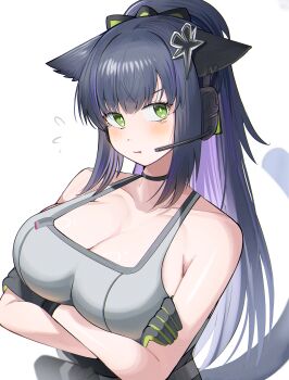 1girl absurdres animal_ears arknights arms_under_breasts bare_shoulders black_choker black_gloves black_hair breasts cat_ears cat_girl cat_tail choker cleavage collarbone commentary_request crossed_arms flying_sweatdrops gloves grey_tank_top headphones headset highres jessica_(arknights) jessica_the_liberated_(arknights) large_breasts looking_at_viewer multicolored_hair parted_lips ponytail purple_hair simple_background solo spam_(spamham4506) streaked_hair tail tank_top two-tone_hair white_background