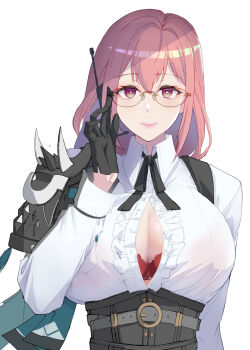1girl adjusting_eyewear armor black_gloves black_ribbon blush bra bra_visible_through_clothes breasts center_frills center_opening closed_mouth collared_shirt fanged_bangs frilled_shirt frills glasses gloves highres long_hair long_sleeves looking_at_viewer neck_ribbon pink_eyes pink_hair pink_lips red_bra ribbon shirt shoulder_armor simple_background smile solo suspenders tsukishiro_yanagi underbust underwear white_background white_shirt yugensangyo zenless_zone_zero