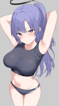 1girl absurdres arms_up black_shirt blue_archive blue_eyes breasts buruma crop_top eikawa_suru grey_background halo highres large_breasts looking_at_viewer midriff navel official_alternate_costume purple_hair shirt simple_background solo thighs yuuka_(blue_archive)