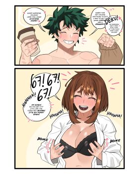 1boy 1girl 67_(meme) absurdres black_bra blush boku_no_hero_academia bra breasts brown_hair closed_eyes commentary english_commentary english_text freckles green_hair highres large_breasts loopvoid meme midoriya_izuku open_clothes open_mouth open_shirt short_hair smile speech_bubble spiked_hair underwear uraraka_ochako zoomer_slang
