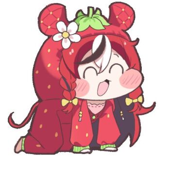 1girl ahoge all_fours animal_ear_fluff animal_ears black_hair black_streaks blush_stickers braid cafelittle chibi closed_eyes commentary double-parted_bangs food fruit hair_between_eyes hakos_baelz hakos_baelz_(strawberry_onesie) hololive hololive_english hood hooded_pajamas lowres meme mouse_ears mouse_tail multicolored_hair onesie open_mouth pajamas red_hair red_pajamas smile speakiposting_(meme) strawberry tail virtual_youtuber white_background white_hair