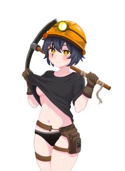 1girl absurdres black_hair black_panties black_shirt blush breasts brown_gloves closed_mouth clothes_lift collarbone cowboy_shot excited facial_tattoo female_focus gloves hands_up helmet highres holding holding_pickaxe lifting_own_clothes looking_at_viewer medium_breasts mining_helmet navel original panties pickaxe shirt shirt_lift short_hair short_sleeves simple_background smile solo standing t-shirt tattoo thigh_strap tomboy underwear vingete white_background yellow_eyes