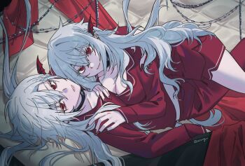 1boy 1girl :3 alternate_costume breasts choker cleavage closed_mouth collarbone collared_shirt commentary demon_wings dual_persona ear_cuffs earrings expressionless fingernails girl_on_top hair_between_eyes highres hug jewelry kuzuha_(nijisanji) large_breasts long_fingernails long_hair looking_at_viewer lying lying_on_person matching_outfits nijisanji on_back on_bed on_stomach pajamas pants pointy_ears qminry red_eyes red_nails red_pajamas red_pants red_shirt red_shorts red_wings sanya_(kuzuha) sharp_fingernails shirt short_shorts shorts sidelocks signature slit_pupils smile virtual_youtuber wavy_hair white_hair wings