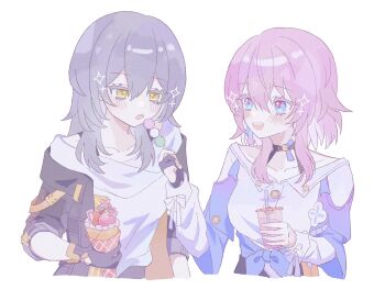 2girls black_choker black_coat black_gloves blue_eyes blue_jacket blush bra_strap breasts choker coat collarbone crepe cropped_torso cup dango disposable_cup drinking_straw earrings flower_ornament food fruit gloves gradient_clothes gradient_jacket grey_hair hashtag-only_commentary highres holding holding_crepe holding_drinking_straw holding_food honkai:_star_rail honkai_(series) jacket jewelry long_sleeves march_7th_(honkai:_star_rail) march_7th_(preservation)_(honkai:_star_rail) medium_breasts medium_hair multicolored_eyes multiple_girls off-shoulder_jacket off_shoulder open_clothes open_coat open_mouth partially_fingerless_gloves pink_eyes pink_hair pink_jacket pink_pupils sakura_(yu3t_t) shirt simple_background single_earring single_glove smile stelle_(honkai:_star_rail) strawberry teeth tied_jacket trailblazer_(honkai:_star_rail) two-tone_eyes underbust upper_body upper_teeth_only wagashi white_background white_shirt yellow_eyes yuri