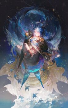 1girl absurdres arknights astgenne_(arknights) astgenne_the_lightchaser_(arknights) bird black_jacket blue_bird blue_eyes blue_hair bright_pupils brown_dress compass constellation daylightallure diamond-shaped_pupils diamond_(shape) dress feather_trim floating gloves goggles highres infection_monitor_(arknights) jacket levitation long_hair long_sleeves official_alternate_costume pink_pupils ponytail satellite sky solo star_(sky) starry_sky starry_sky_background symbol-shaped_pupils unworn_goggles white_pupils