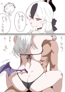 1boy 1girl 2koma bare_back bikini black_bikini blue_archive comic from_behind hug kayoko_(blue_archive) low_wings sensei_(blue_archive) sitting sitting_on_lap sitting_on_person swimsuit wings zzzzblue194725