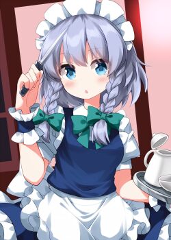 Rule 34 | 1girl, :o, apron, blue dress, blue eyes, blush, bow, bowtie, braid, collared shirt, commentary, dress, frilled apron, frilled dress, frills, green bow, green bowtie, grey hair, hair bow, highres, holding, holding knife, holding tray, izayoi sakuya, knife, long hair, looking at viewer, maid, maid headdress, open mouth, pink background, ruu (tksymkw), shirt, short sleeves, solo, teapot, touhou, tray, twin braids, upper body, waist apron, white apron, white shirt